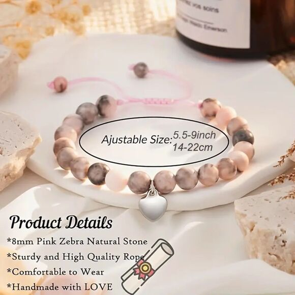 Natural Pink Zebra Jasper Charm Bracelet & Gift Card Granddaughter Adjustable - Picture 3 of 8